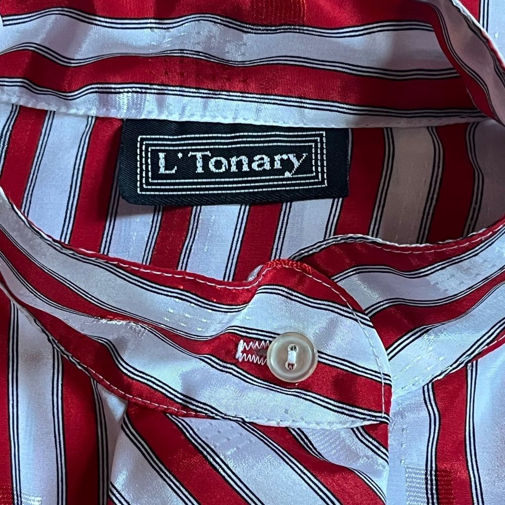 Vintage 80s L'Tonary Red & White Striped
Blouse Puff Sleeve Button Up Medium - Picture 4 of 6